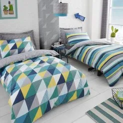 Dunelm Geo Green Duvet Cover And Pillowcase Twin Pack Set