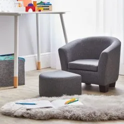 Dunelm Kid's Grey Linen Armchair And Footstool