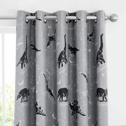 Dunelm Grey Space Dinosaur Thermal Blackout Eyelet Curtains
