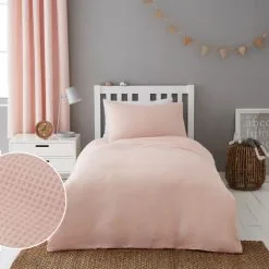 Dunelm Mini Waffle Shell Pink 100% Cotton Duvet Cover And Pillowcase Set